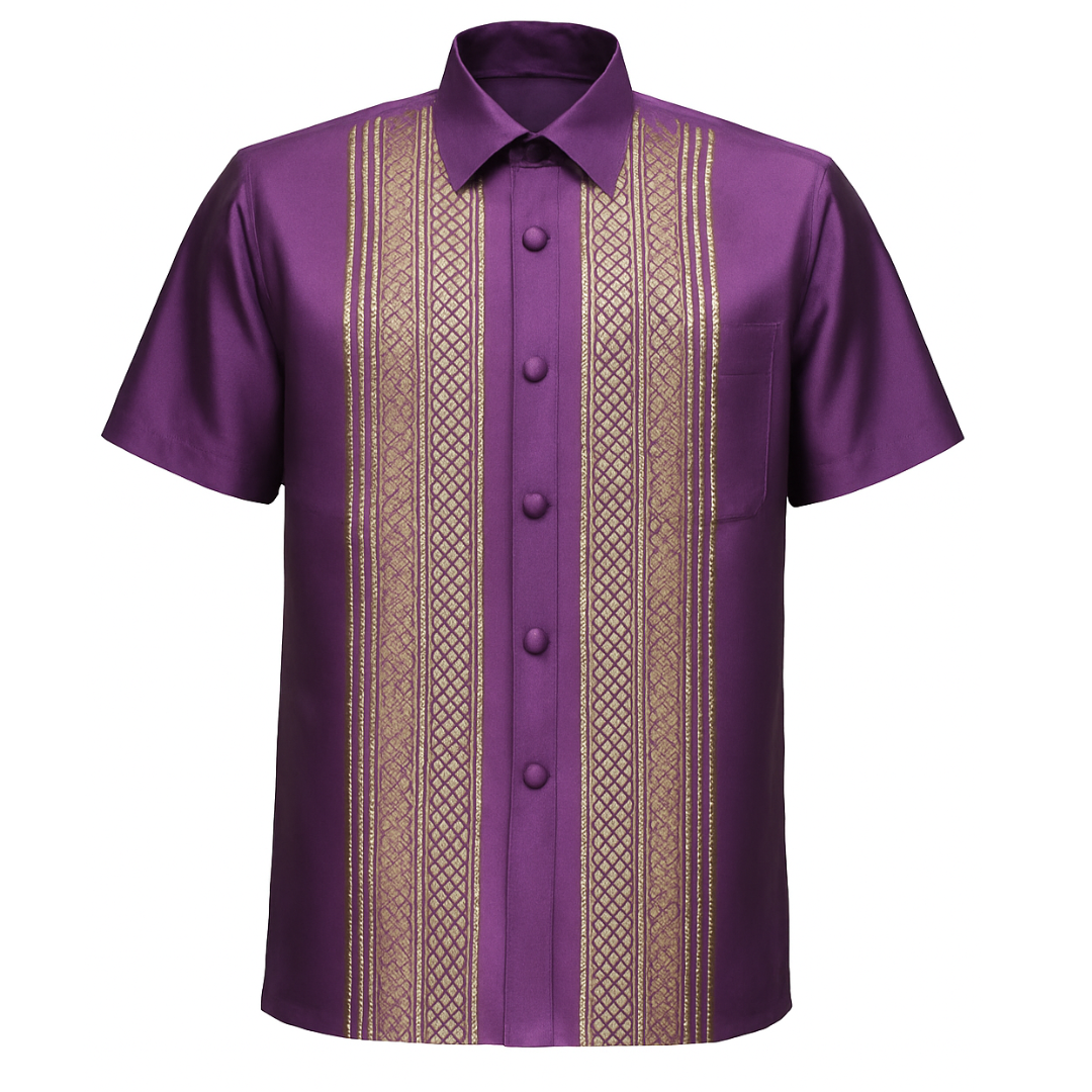 Men’s Thai Silk Short Sleeve Shirt with Pocket | Traditional Thai Design