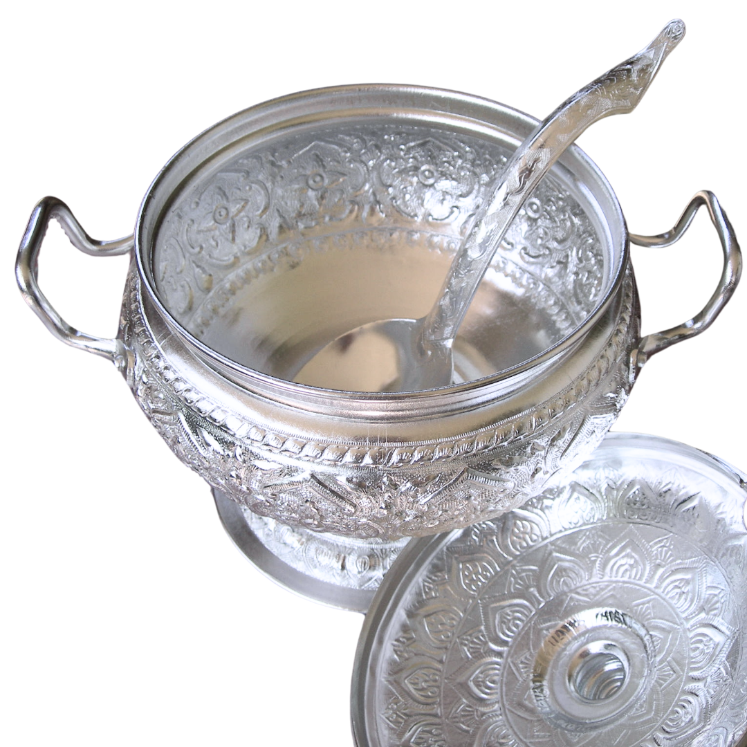 Traditional Thai Aluminum Rice Serving Pot with Ladle – Vintage Graphic Design Bowl