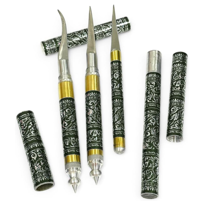 Set of 3 Thai Fruit & Soap Carving Knives – Handmade Stainless Steel Blades with Traditional Thai Pattern Handles | Professional Sculpting Tools for Fruit, Vegetable & Soap Art