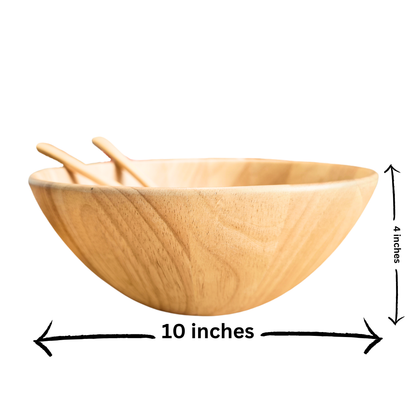 Wooden Salad Bowl Set 10 Inch – Natural Hardwood Serving Bowl with Wooden Salad Spoon & Fork | Large Fruit Bowl, Serving Bowl & Kitchen Tableware
