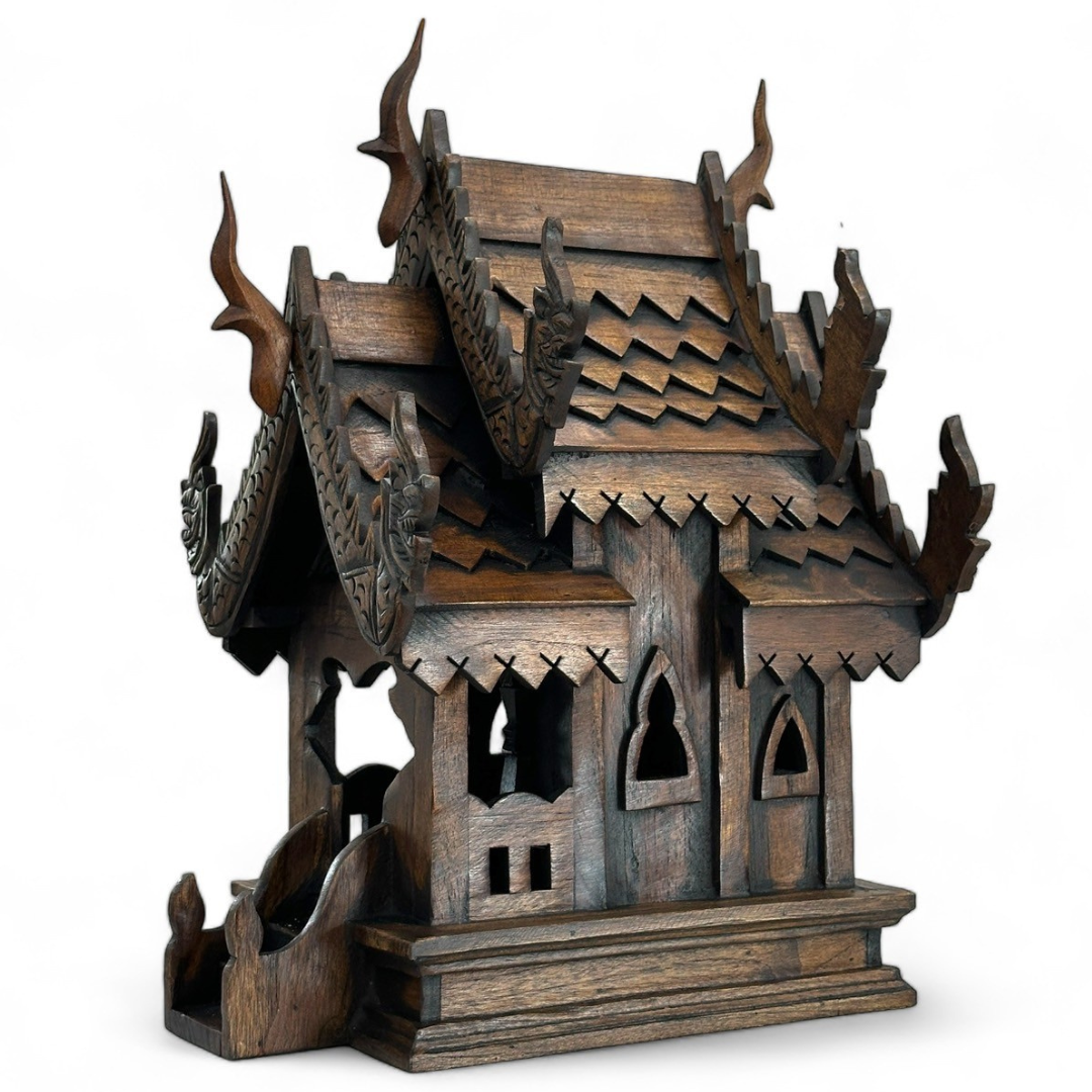 Large Wood Carved Thai Spirit House Model 15 Inches – Handmade Asian Inspired Home Decor | Traditional Thai Wooden Shrine Decorative Accent
