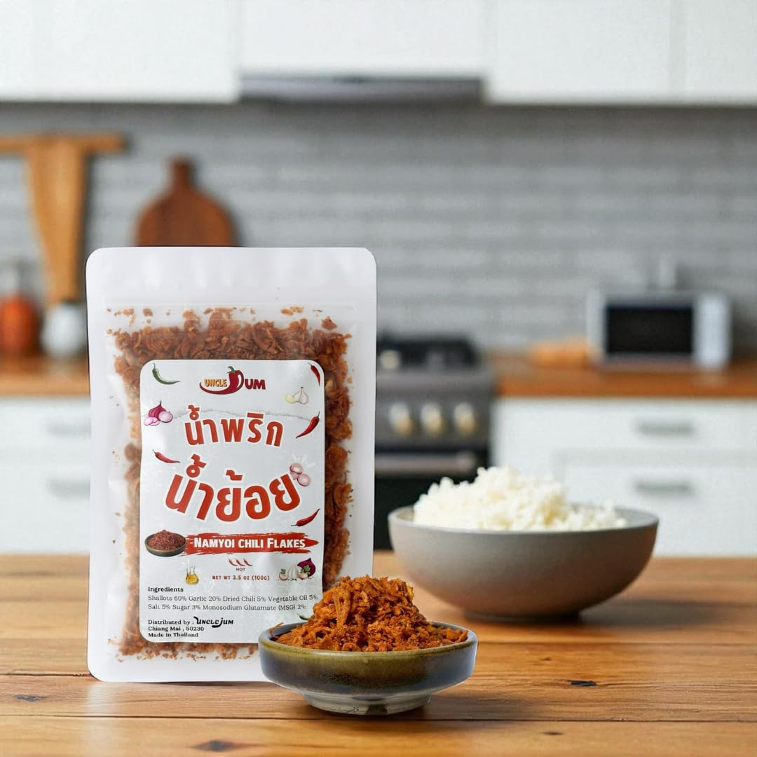 UNCLEJUM Northern Thai Prik Nam Yoi (น้ำพริกน้ำย้อย) – Crispy Thai Chili Paste with Garlic & Shallots – Authentic Lanna Chili Condiment for Rice, Noodles & Thai Cooking – Product of Thailand (100g)