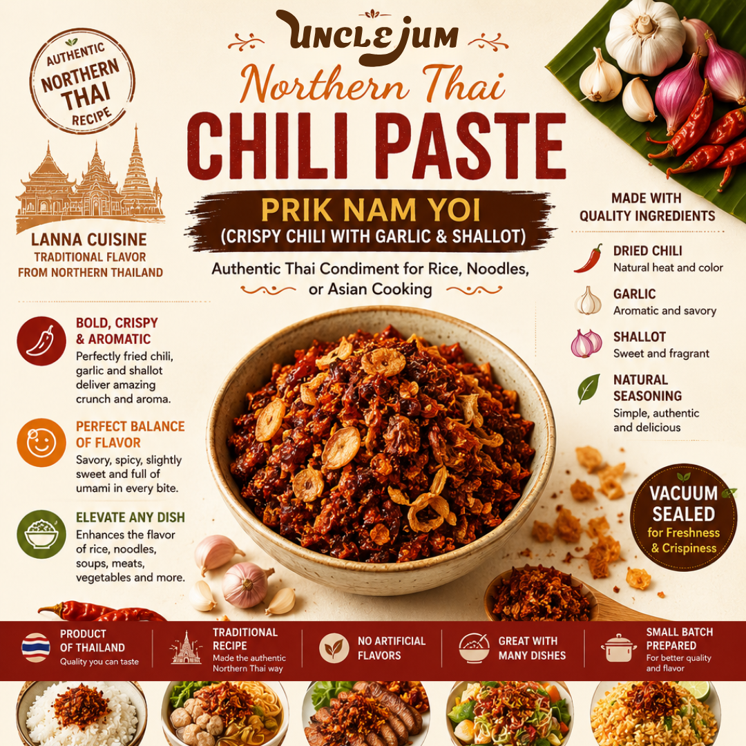 UNCLEJUM Northern Thai Prik Nam Yoi (น้ำพริกน้ำย้อย) – Crispy Thai Chili Paste with Garlic & Shallots – Authentic Lanna Chili Condiment for Rice, Noodles & Thai Cooking – Product of Thailand (100g)