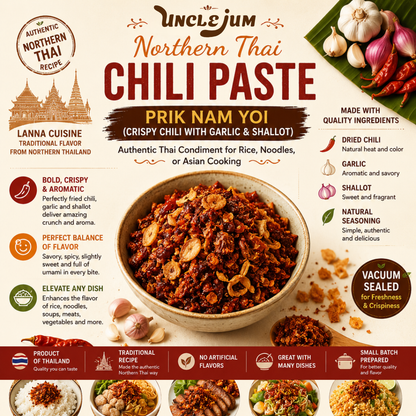 UNCLEJUM Northern Thai Prik Nam Yoi (น้ำพริกน้ำย้อย) – Crispy Thai Chili Paste with Garlic & Shallots – Authentic Lanna Chili Condiment for Rice, Noodles & Thai Cooking – Product of Thailand (100g)