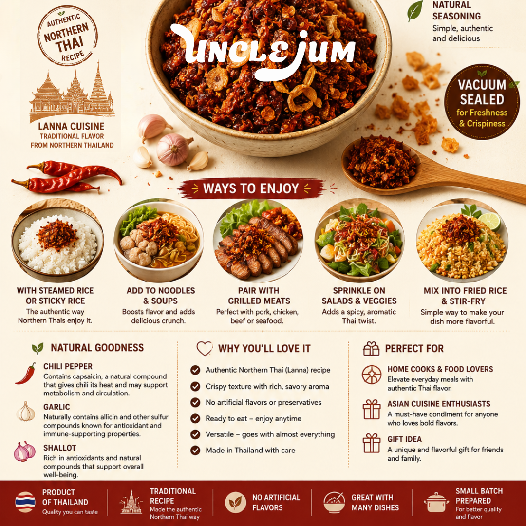 UNCLEJUM Northern Thai Prik Nam Yoi (น้ำพริกน้ำย้อย) – Crispy Thai Chili Paste with Garlic & Shallots – Authentic Lanna Chili Condiment for Rice, Noodles & Thai Cooking – Product of Thailand (100g)