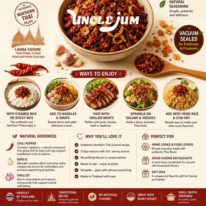 UNCLEJUM Northern Thai Prik Nam Yoi (น้ำพริกน้ำย้อย) – Crispy Thai Chili Paste with Garlic & Shallots – Authentic Lanna Chili Condiment for Rice, Noodles & Thai Cooking – Product of Thailand (100g)