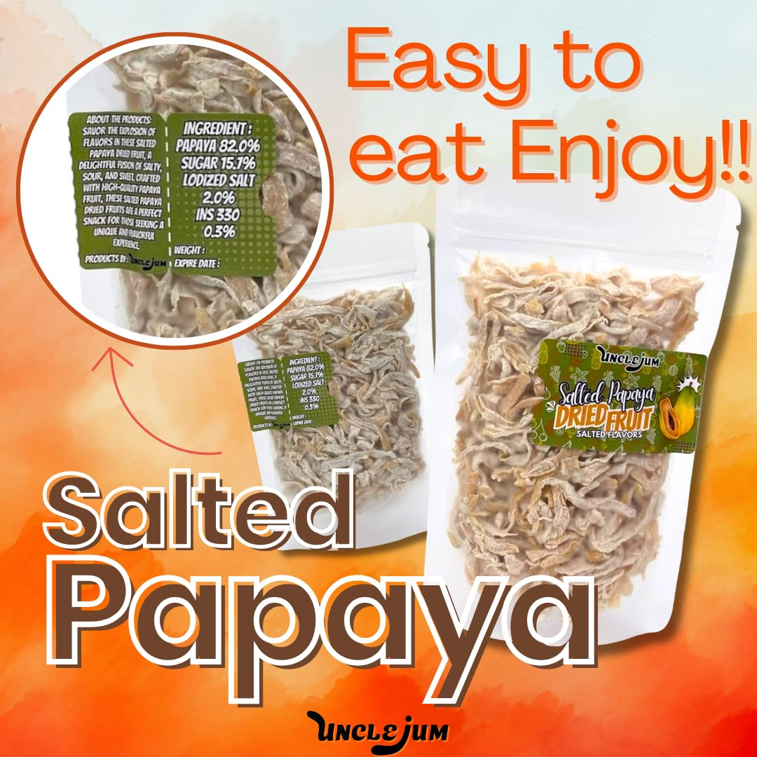 UNCLEJUM Thai Dried Papaya Snack – Sweet, Sour & Salted Dried Papaya Strips – Tropical Chewy Fruit Snack, Authentic Thai Dried Fruit, 30g