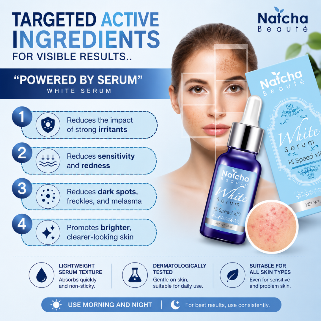 Natcha Beaute White Serum 30ml – Brightening Facial Serum with Alpha Arbutin, Licorice Root & Scutellaria | Dark Spot & Hydrating Face Serum