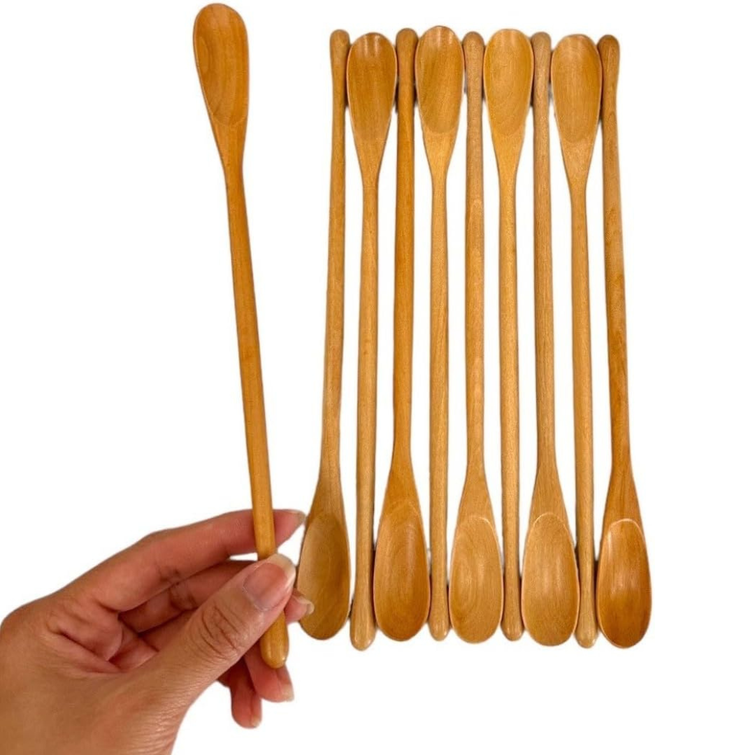 Set of 10 White Wood Long Handle Coffee Tea Drink Stirrer – Handmade Wooden Cocktail Mixing Spoons, 8.5 inch Bar & Cafe Utensil Set
