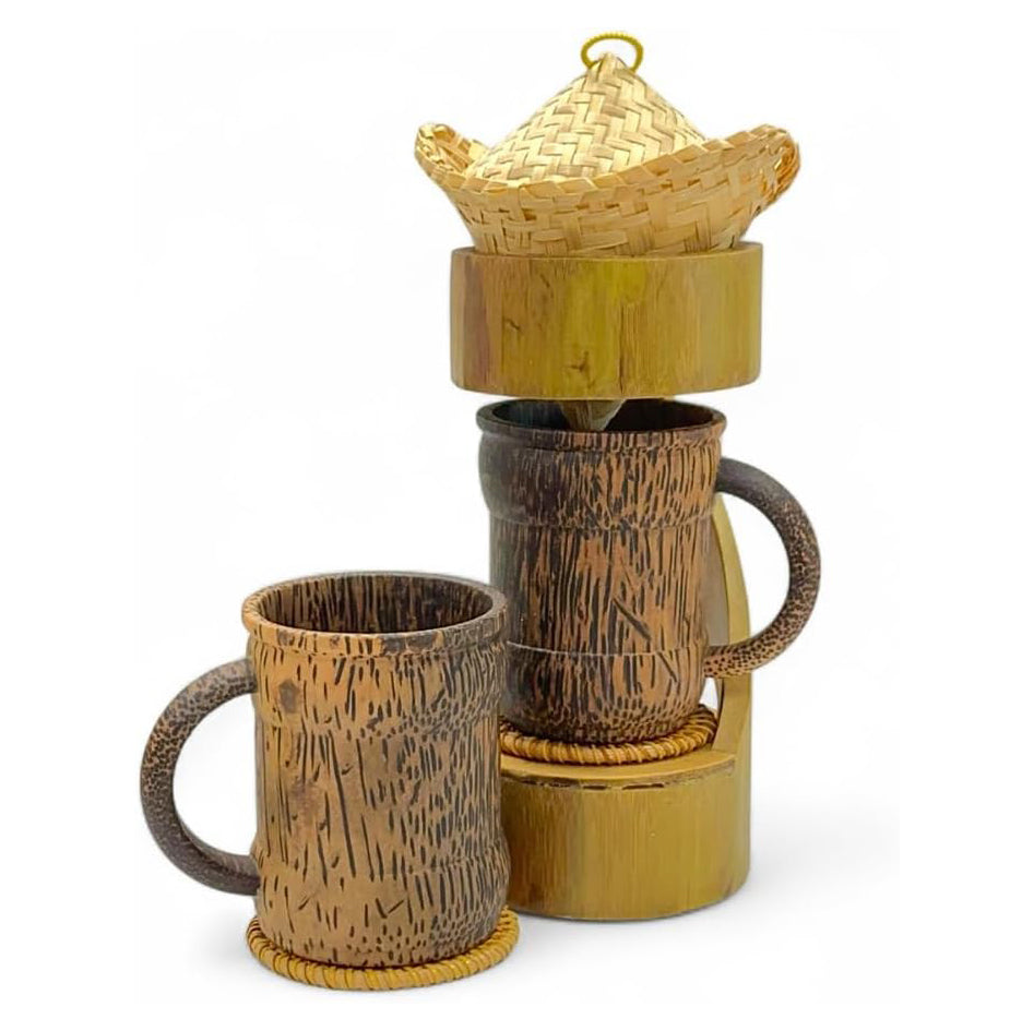 Bamboo Coffee Drip Set – 4" Basket with Lid + 2 Cups & Coasters + Drip Base | Eco-Friendly Pour-Over Coffee Kit, Sustainable Brewing Accessories