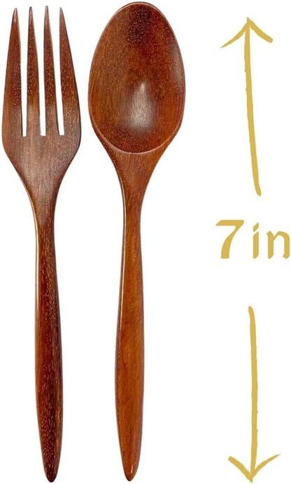 Set of 2 Pairs Wooden Dinner Spoons and Forks – 7 inch Redwood Utensil Set | Handmade Rustic Dining Cutlery for Salad, Pasta, and Everyday Meals