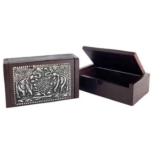 Handmade Thai Wooden Trinket &amp; Name Card Box with Elephant Design – Small Decorative Keepsake Jewelry Box – Vintage Style Carved Wood Storage Gift Box