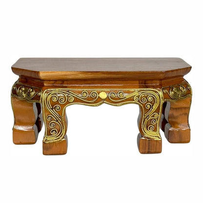Thai Carved Wood Buddha Stand – 9" Handcrafted Mini Altar Hexagonal Table with Gold Thai Pattern – Small Wooden Pedestal for Buddha Statue, Meditation, or Home Shrine