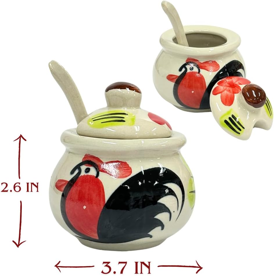 Thai Chicken Pattern Noodle Seasoning Mix Storage Rack – 4 Ceramic Pots Set