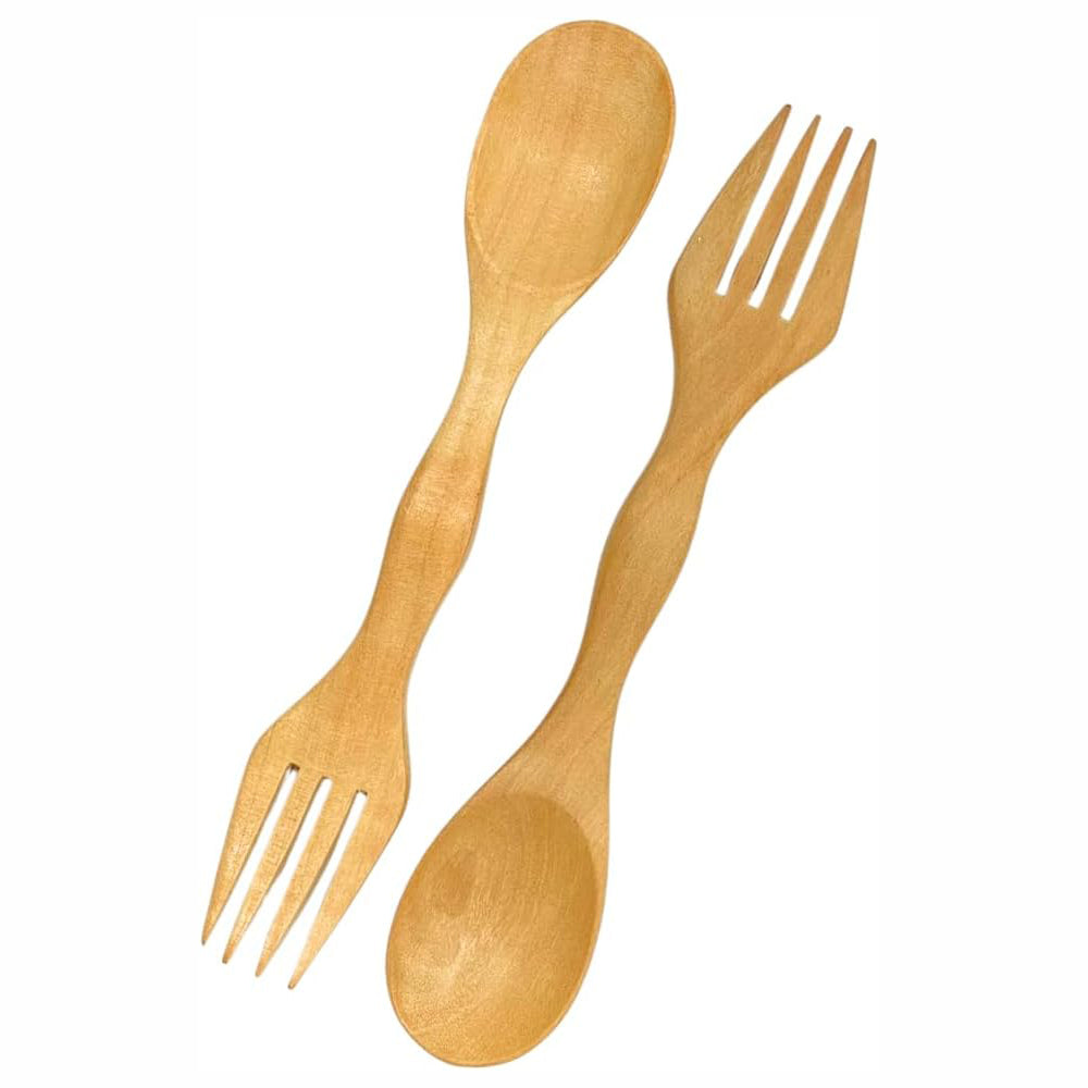 6 Inch Wooden Spoon and Fork (Spork) Set – Reusable Dual Purpose Wood Cutlery for Dessert, Snacks, Camping and Travel