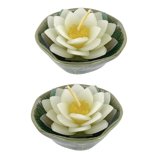 Set of 2 Lotus Flower Candle in Ceramic Bowl (3") Handmade Floating Lotus Tealight for Spa, Meditation, and Home Décor