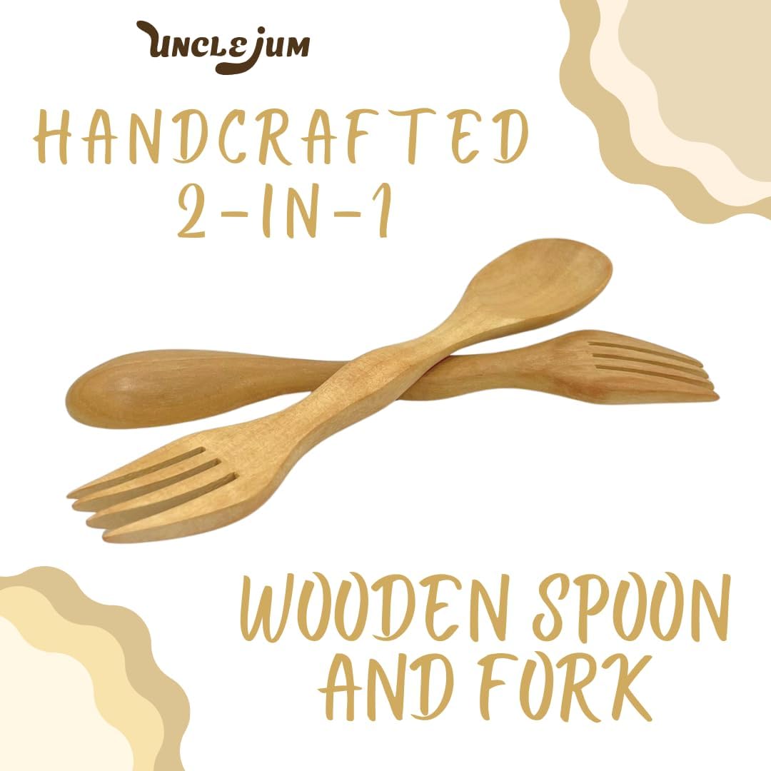 6 Inch Wooden Spoon and Fork (Spork) Set – Reusable Dual Purpose Wood Cutlery for Dessert, Snacks, Camping and Travel