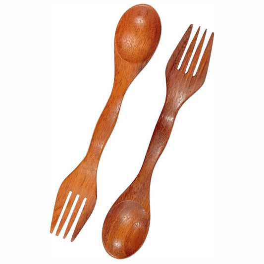 6 Inch Wooden Spoon and Fork (Spork) Set – Reusable Dual Purpose Wood Cutlery for Dessert, Snacks, Camping and Travel