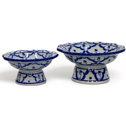 UNCLEJUM Thai Ceramic Porcelain Pedestal Serving Bowls – Traditional Thai Offering Bowls, 2 Sizes, Decorative Food Serving Set, Product of Thailand