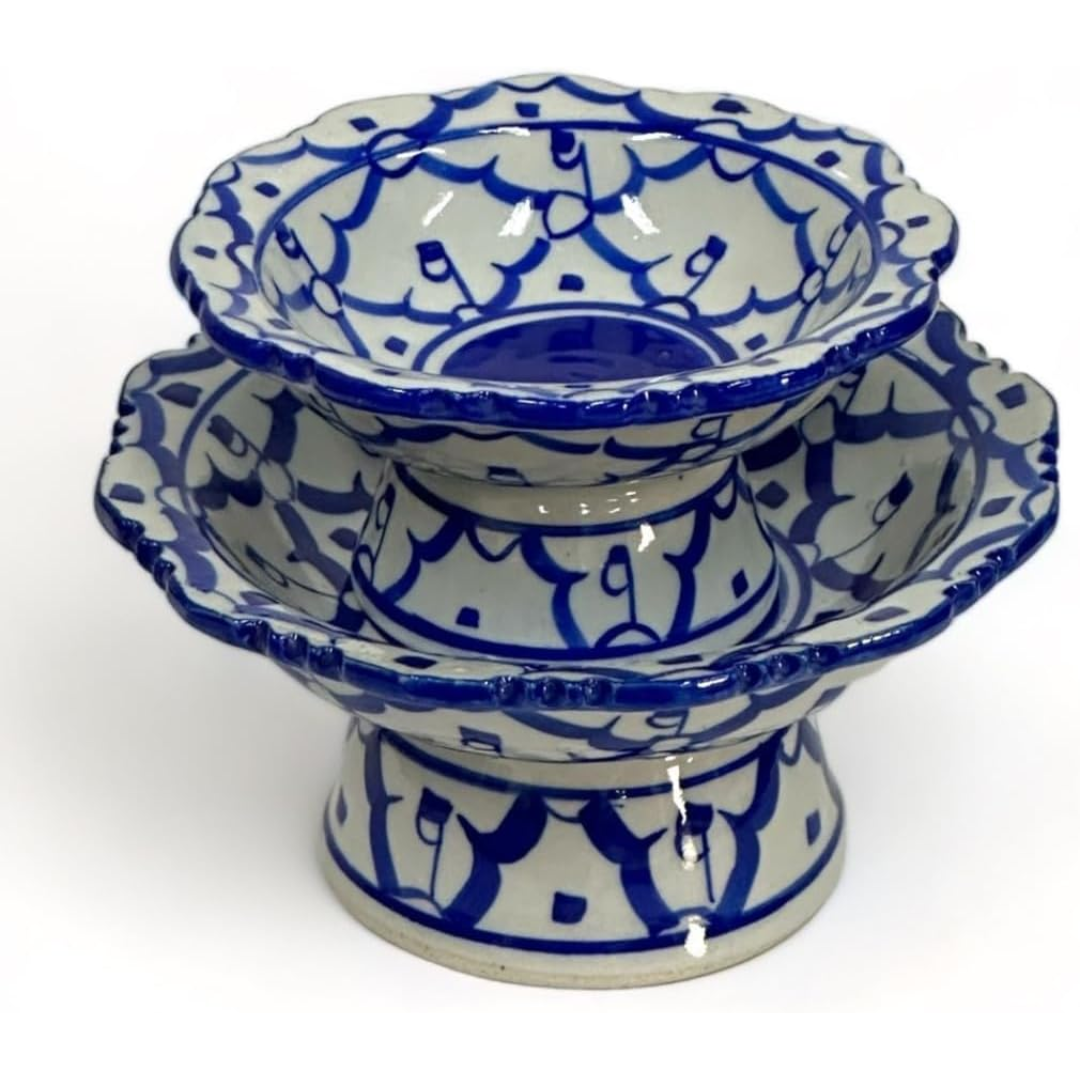 UNCLEJUM Thai Ceramic Porcelain Pedestal Serving Bowls – Traditional Thai Offering Bowls, 2 Sizes, Decorative Food Serving Set, Product of Thailand