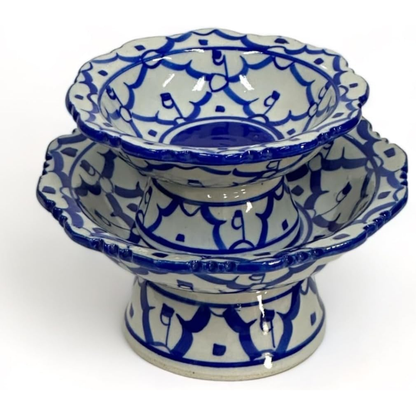 UNCLEJUM Thai Ceramic Porcelain Pedestal Serving Bowls – Traditional Thai Offering Bowls, 2 Sizes, Decorative Food Serving Set, Product of Thailand