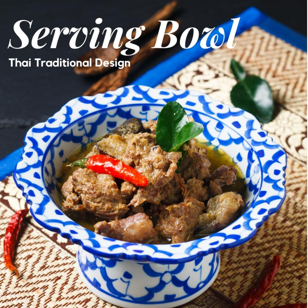 UNCLEJUM Thai Ceramic Porcelain Pedestal Serving Bowls – Traditional Thai Offering Bowls, 2 Sizes, Decorative Food Serving Set, Product of Thailand