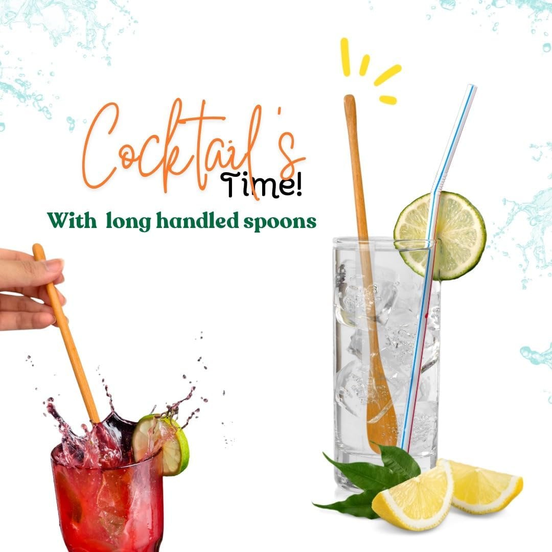 Set of 10 White Wood Long Handle Coffee Tea Drink Stirrer – Handmade Wooden Cocktail Mixing Spoons, 8.5 inch Bar & Cafe Utensil Set