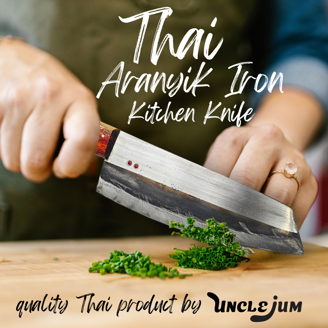 Traditional Thai Kitchen Knife – Handmade Aranyik Iron Knife, 7" Sharp Thin Blade with Wooden Handle | Authentic Thai Chef Tool