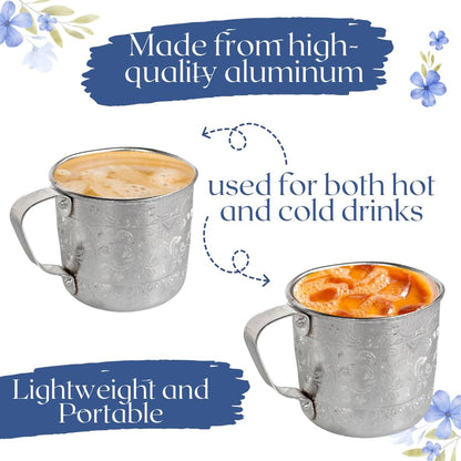 Set of Thai Traditional Aluminum Mugs – Vintage Metal Cups with Handle (3.1")