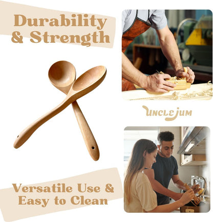 Set of 2 Natural Wooden Ladles – Handmade Palm Wood Soup Spoons 11 Inches, Eco-Friendly Kitchen Utensils & Tools