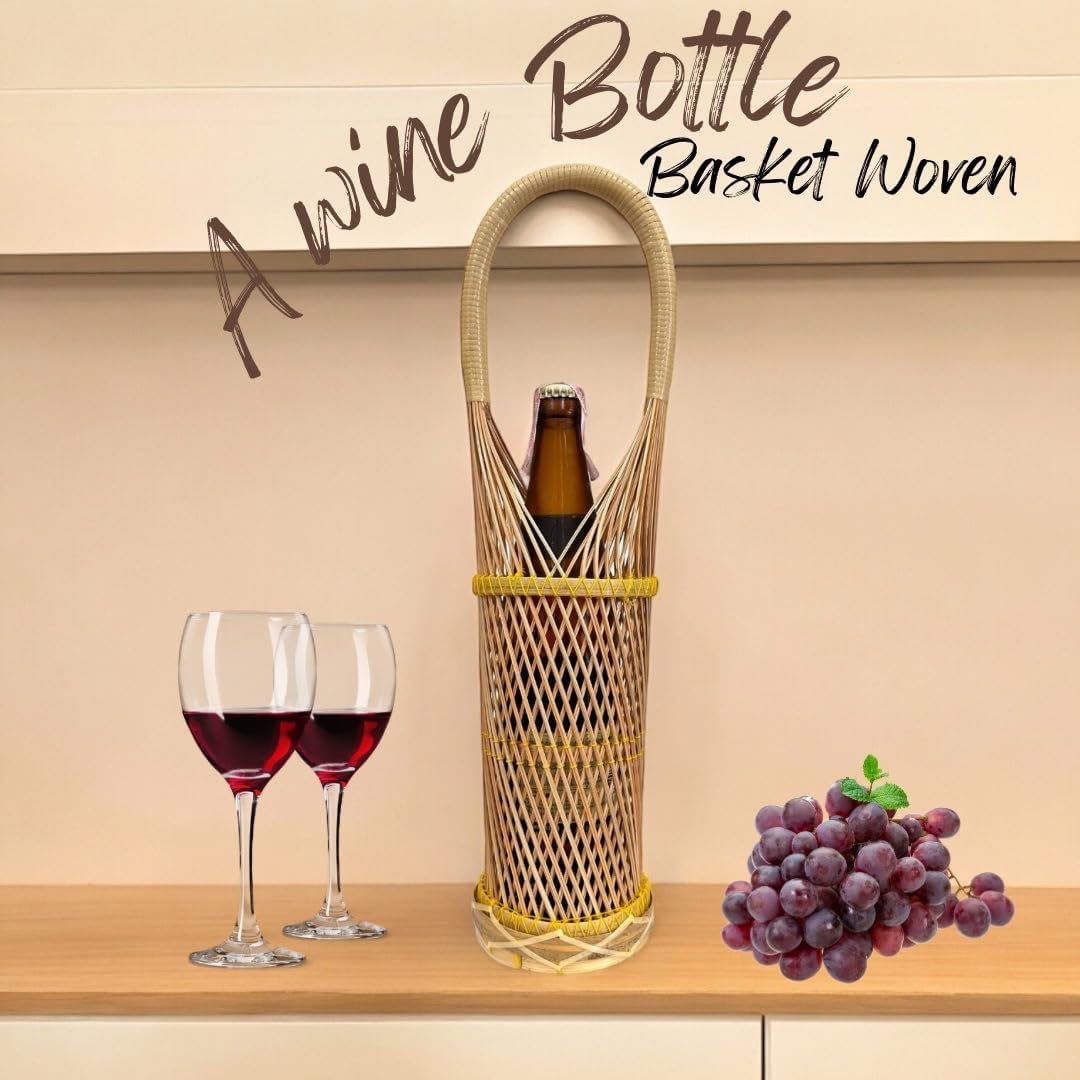 Woven Wine Bottle Basket – Rattan Bamboo Holder (16 inches)