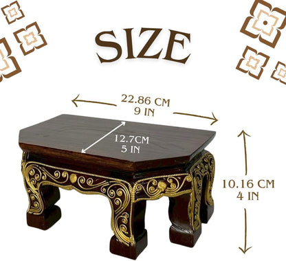 Thai Carved Wood Buddha Stand – 9" Handcrafted Mini Altar Hexagonal Table with Gold Thai Pattern – Small Wooden Pedestal for Buddha Statue, Meditation, or Home Shrine