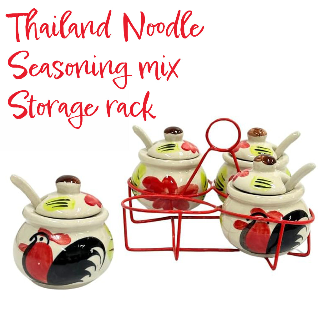 Thai Chicken Pattern Noodle Seasoning Mix Storage Rack – 4 Ceramic Pots Set