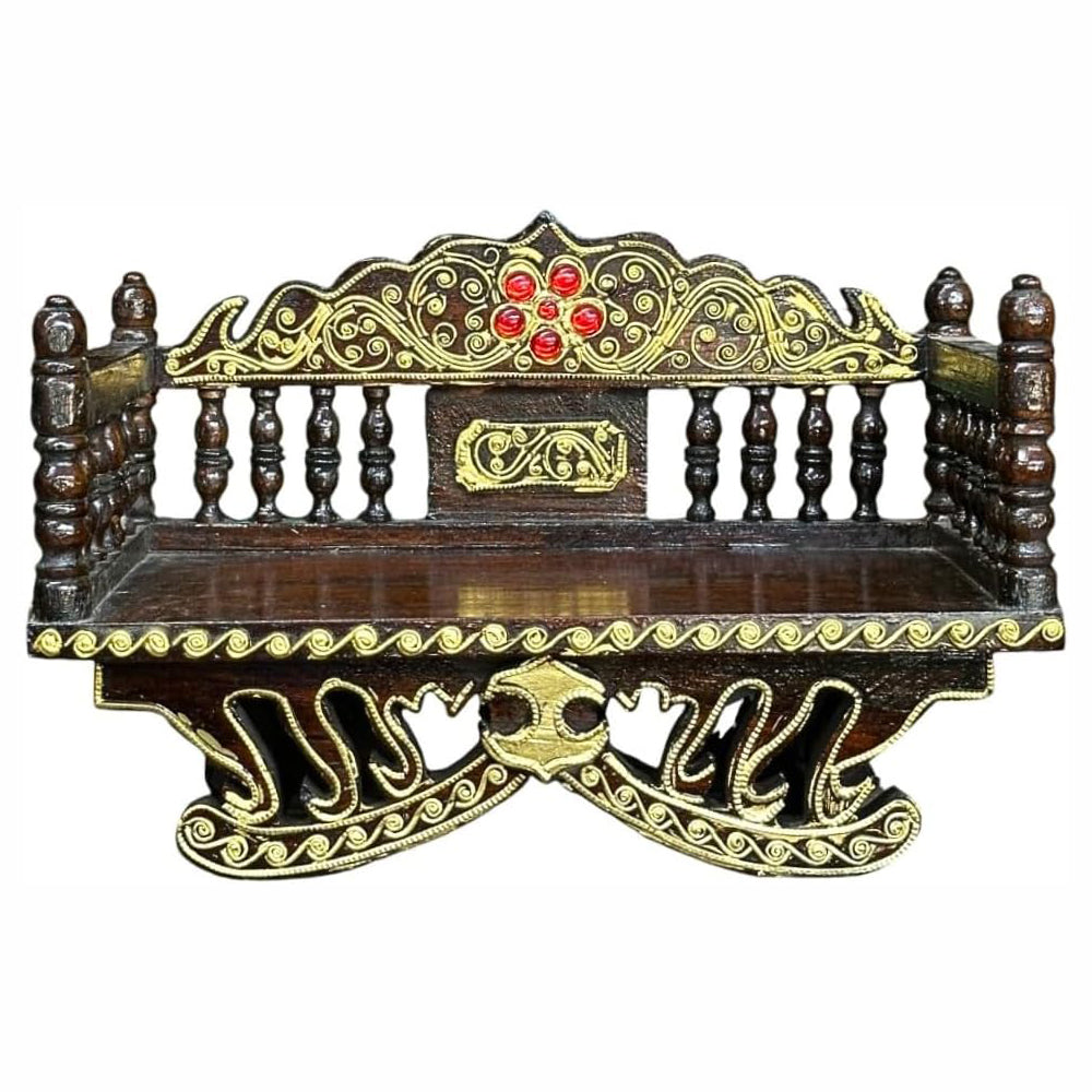 Handcrafted Thai Pattern Wood Carving Mini Shelf – Natural Wood Buddha Display (11.5")