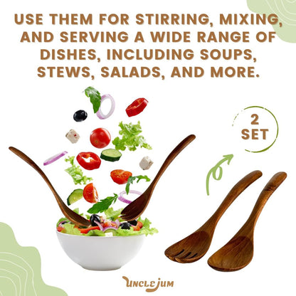 Set of 2 Wooden Spoon and Fork Pairs – 9” Natural Wood Cooking Utensils for Salad, Stirring, and Serving – Handmade Kitchen Tool Set