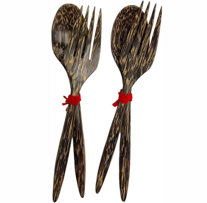Set of 2 Pairs Wooden Dinner Spoons and Forks – 7 inch Redwood Utensil Set | Handmade Rustic Dining Cutlery for Salad, Pasta, and Everyday Meals