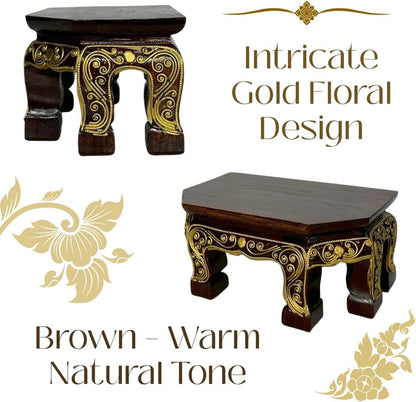 Thai Carved Wood Buddha Stand – 9" Handcrafted Mini Altar Hexagonal Table with Gold Thai Pattern – Small Wooden Pedestal for Buddha Statue, Meditation, or Home Shrine