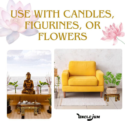 Thai Carved Wood Buddha Stand – 9" Handcrafted Mini Altar Hexagonal Table with Gold Thai Pattern – Small Wooden Pedestal for Buddha Statue, Meditation, or Home Shrine