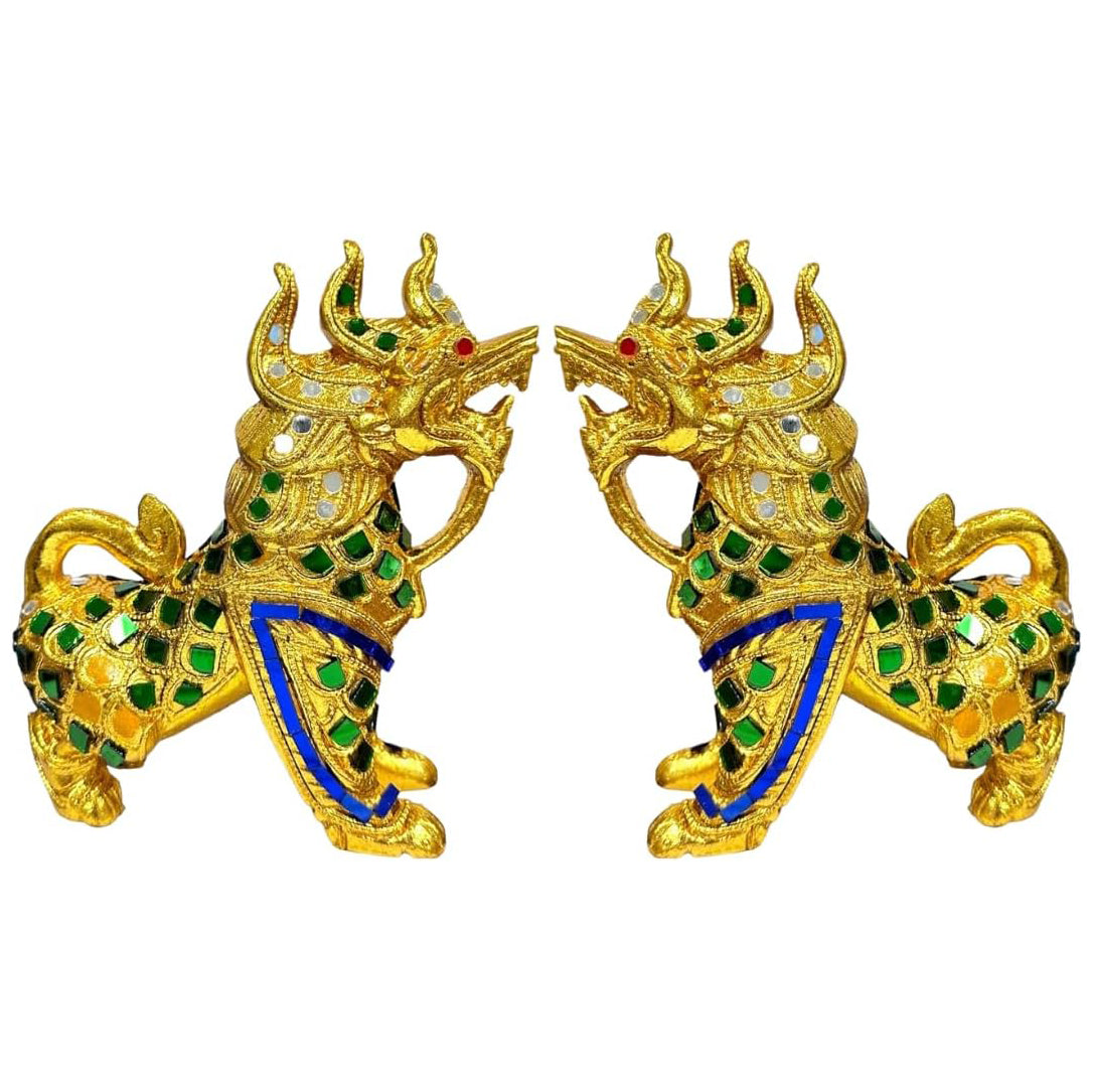 Singha Thai Great Lion Statues, Pair – Hand-Carved Wood, Gilt &amp; Jeweled Thai Guardian Foo Dog Sculptures, Home Decor
