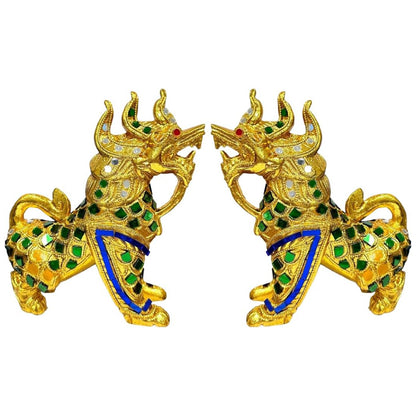 Singha Thai Great Lion Statues, Pair – Hand-Carved Wood, Gilt &amp; Jeweled Thai Guardian Foo Dog Sculptures, Home Decor