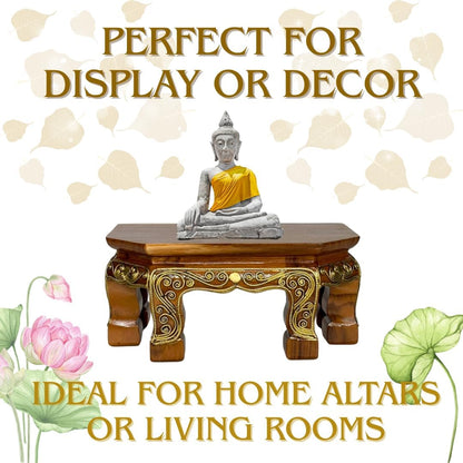 Thai Carved Wood Buddha Stand – 9" Handcrafted Mini Altar Hexagonal Table with Gold Thai Pattern – Small Wooden Pedestal for Buddha Statue, Meditation, or Home Shrine