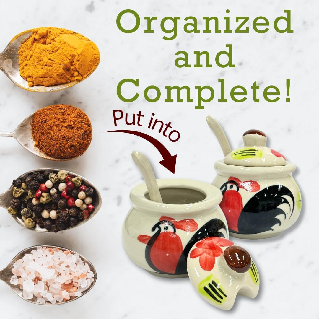 Thai Chicken Pattern Noodle Seasoning Mix Storage Rack – 4 Ceramic Pots Set