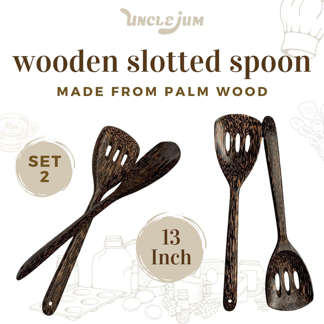 2 Pieces 13” Palm Wood Slotted Spoon Set – Handmade Wooden Cooking Utensils for Stirring, Salad Mixing, Frying &amp; Serving
