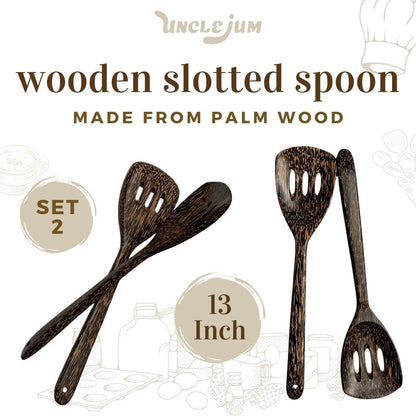 2 Pieces 13” Palm Wood Slotted Spoon Set – Handmade Wooden Cooking Utensils for Stirring, Salad Mixing, Frying &amp; Serving