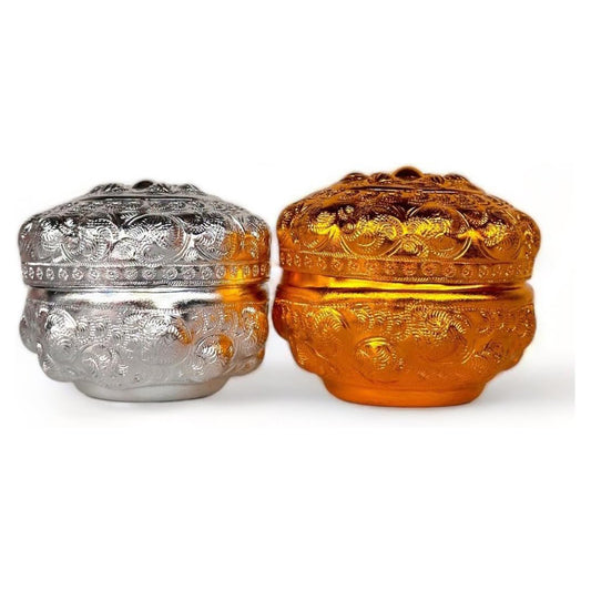 Vintage Gold &amp; Silver Aluminum Jewelry Storage Box with Lid – Thai Traditional Trinket Box for Gifts & Home Decoration (3")