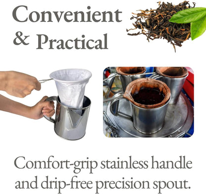 Stainless Steel Thai Tea Pot with Reusable Cloth Filter – Traditional Thai Coffee & Tea Strainer Set