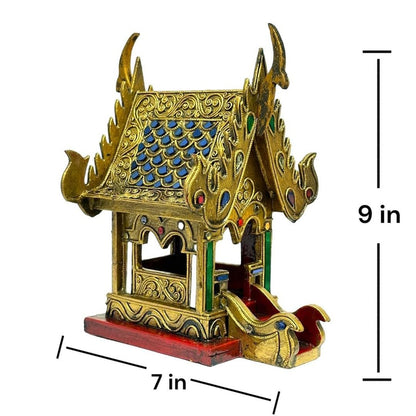 Thai Gilt Jeweled Spirit House Wood Carving – 9 inch Thai Home Decor Art by UNCLEJUM