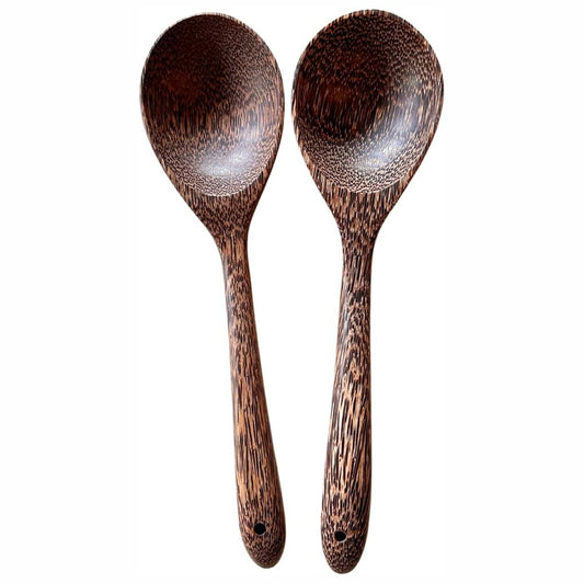 Set of 2 Natural Wooden Ladles – Handmade Palm Wood Soup Spoons 11 Inches, Eco-Friendly Kitchen Utensils & Tools