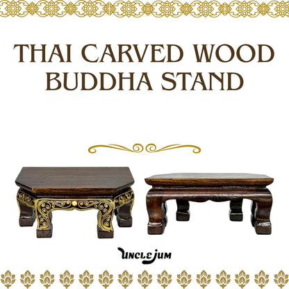 Thai Carved Wood Buddha Stand – 9" Handcrafted Mini Altar Hexagonal Table with Gold Thai Pattern – Small Wooden Pedestal for Buddha Statue, Meditation, or Home Shrine
