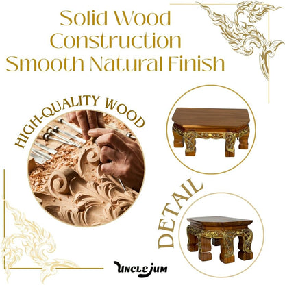Thai Carved Wood Buddha Stand – 9" Handcrafted Mini Altar Hexagonal Table with Gold Thai Pattern – Small Wooden Pedestal for Buddha Statue, Meditation, or Home Shrine